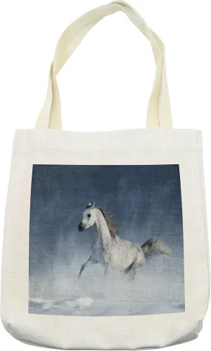 Lunarable Orient Tote Bag, Horse Galloping During a Snowstorm Stallion Winter Snow View Equine Print, Cloth Linen Reusable Bag for Shopping Books Beach and More, 16.5" X 14", Cream