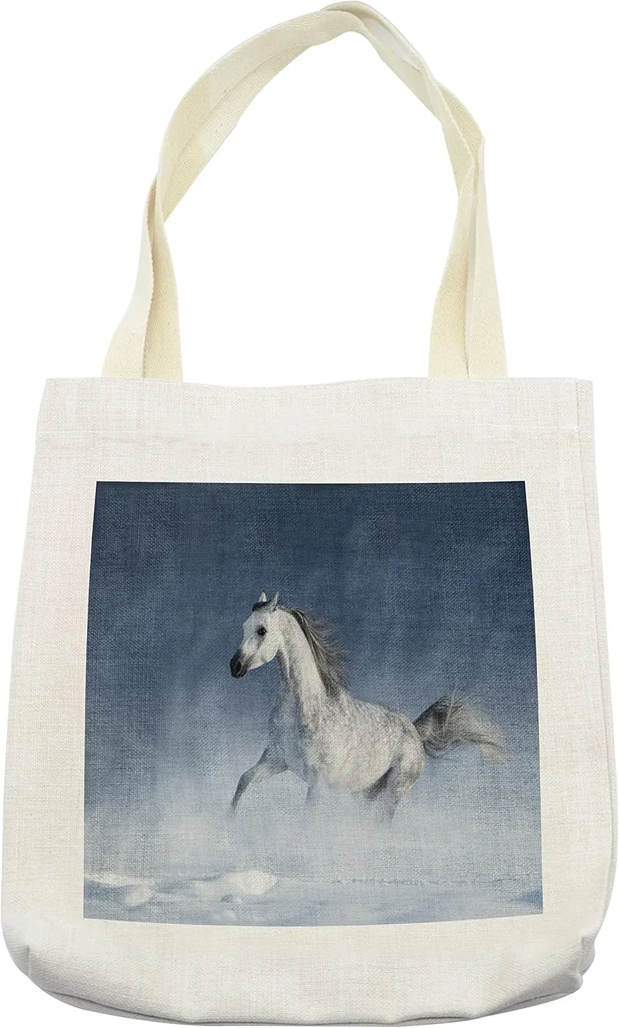 Lunarable Orient Tote Bag, Horse Galloping During a Snowstorm Stallion Winter Snow View Equine Print, Cloth Linen Reusable Bag for Shopping Books Beach and More, 16.5" X 14", Cream