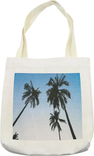 Lunarable Palm Tree Tote Bag, Vintage Filtered Upward Coconut Trees Photo Angeles Island Beach Theme Print, Cloth Linen Reusable Bag for Shopping Books Beach and More, 16.5" X 14", Cream