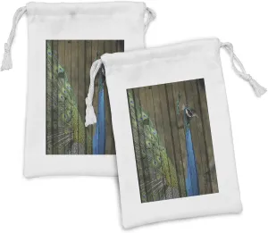 Lunarable Peacock Fabric Pouch Set of 2, Peacock Mural on the Wall Royal Mythological Animal Represents Patience Art, Small Drawstring Bag for Toiletries Masks and Favors, 9" x 6", Brown Green Teal
