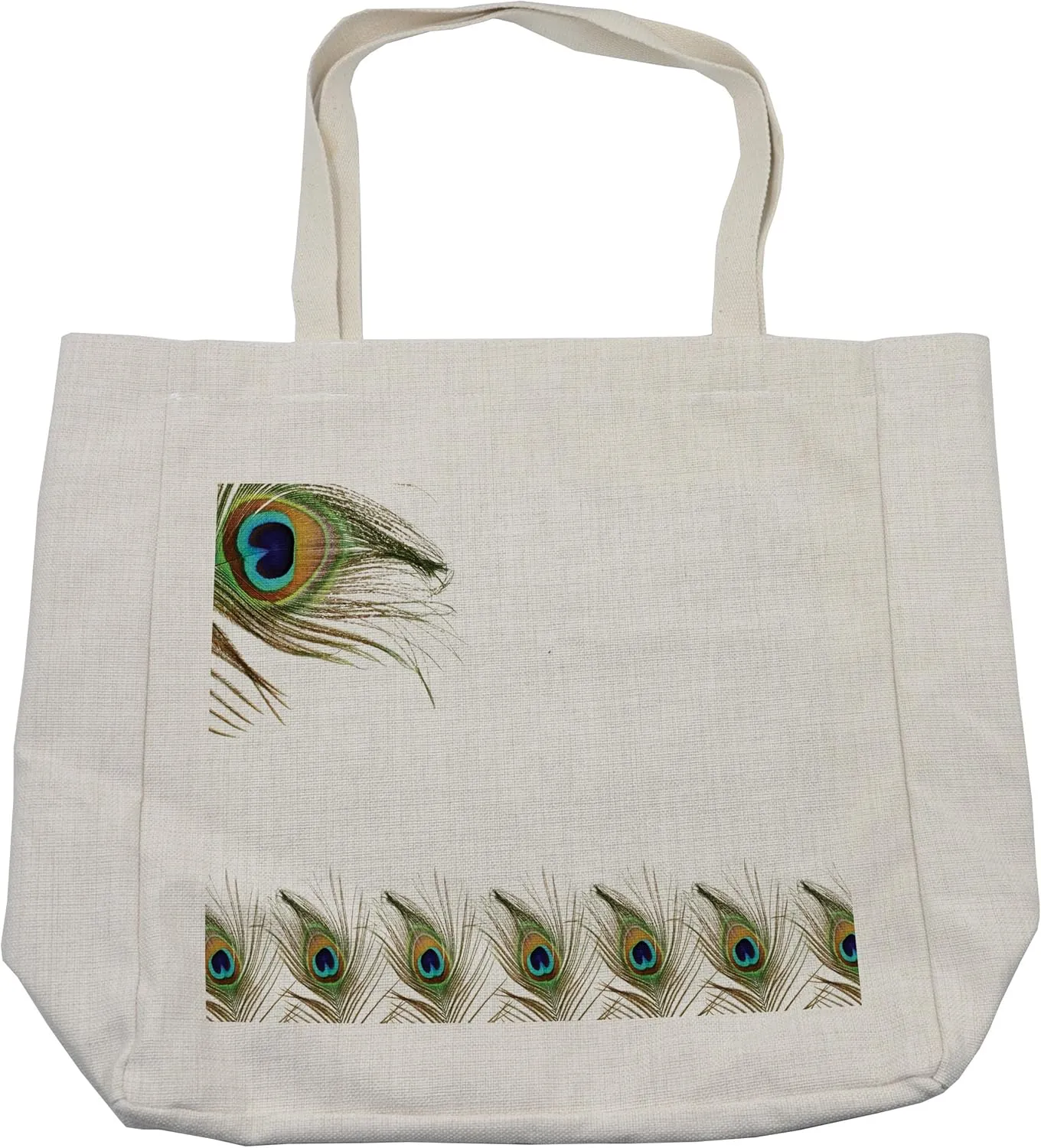 Lunarable Peacock Shopping Bag, Exotic Peacock Feathers Symbolizing Guidance for Soul Boho Ethnic, Eco-Friendly Reusable Bag for Groceries Beach and More, 15.5" X 14.5", Cream