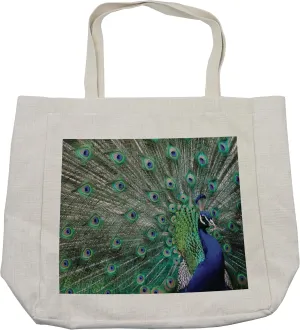 Lunarable Peacock Shopping Bag, Peacock Displaying Elongated Majestic Feathers Open Wings Picture, Eco-Friendly Reusable Bag for Groceries Beach and More, 15.5" X 14.5", Cream