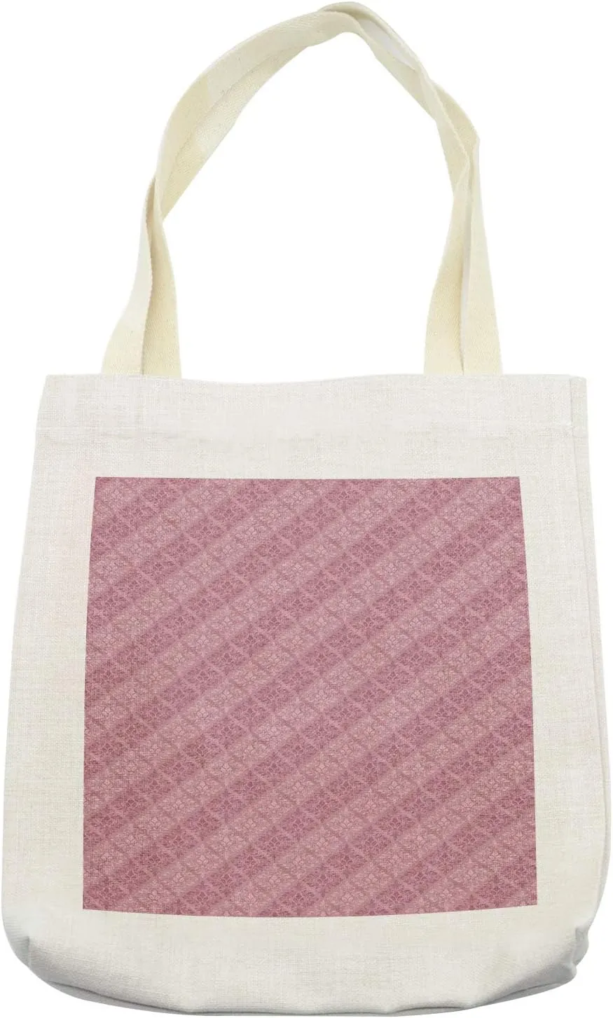 Lunarable Pink Damask Tote Bag, Antique Style Dried Rose Tonal Diagonal Alignment, Cloth Linen Reusable Bag for Shopping Books Beach and More, 16.5" X 14", Cream