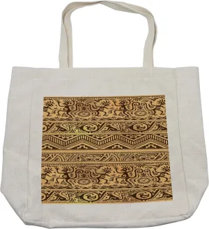 Lunarable Prehistoric Shopping Bag, Neanderthal Uncivilized Human with Mammals Print Stones Boho Illustration, Eco-Friendly Reusable Bag for Groceries Beach and More, 15.5" X 14.5", Cream