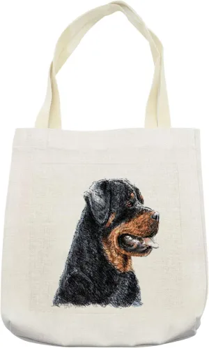 Lunarable Rottweiler Tote Bag, Hand Drawn Dog Portrait Sketch Style Puppy German Loyal Friend Mammal Pattern, Cloth Linen Reusable Bag for Shopping Books Beach and More, 16.5" X 14", Cream