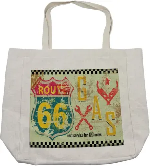 Lunarable Route 66 Shopping Bag, Highway Road Gas Station Fuel Signs Grunge American Dreamers Texas Classic Design, Eco-Friendly Reusable Bag for Groceries Beach and More, 15.5" X 14.5", Cream