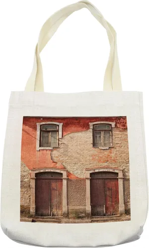 Lunarable Rustic Tote Bag, Abandoned Facade with Wood Windows and Doors in Portugal with Damaged Rusty Look, Cloth Linen Reusable Bag for Shopping Books Beach and More, 16.5" X 14", Cream