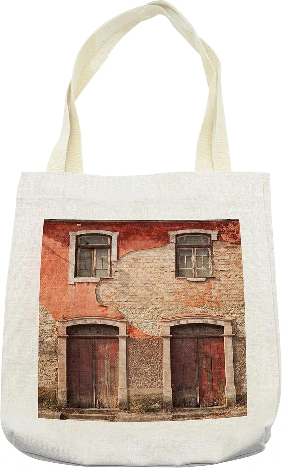 Lunarable Rustic Tote Bag, Abandoned Facade with Wood Windows and Doors in Portugal with Damaged Rusty Look, Cloth Linen Reusable Bag for Shopping Books Beach and More, 16.5" X 14", Cream
