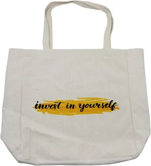 Lunarable Saying Shopping Bag, Invest in Yourself Hand Lettering with Brush Marks Watercolor Background, Eco-Friendly Reusable Bag for Groceries Beach and More, 15.5" X 14.5", Cream