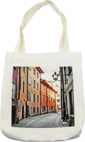 Lunarable Scenery Art Tote Bag, Streets of Stockholm Old Town Famous Landmark Pavement Europe, Cloth Linen Reusable Bag for Shopping Books Beach and More, 16.5" X 14", Sand Brown and Pale Grey