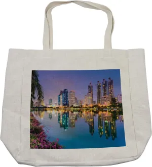 Lunarable Scenery Shopping Bag, Bangkok Thailand at Benjakiti Park Lake Flowers Palms Southeast Asia Touristic, Eco-Friendly Reusable Bag for Groceries Beach and More, 15.5" X 14.5", Multicolor