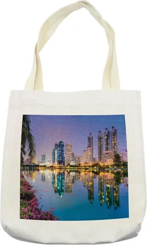 Lunarable Scenery Tote Bag, Bangkok Thailand at Benjakiti Park Lake Flowers Palms Southeast Asia Touristic, Cloth Linen Reusable Bag for Shopping Books Beach and More, 16.5" X 14", Multicolor