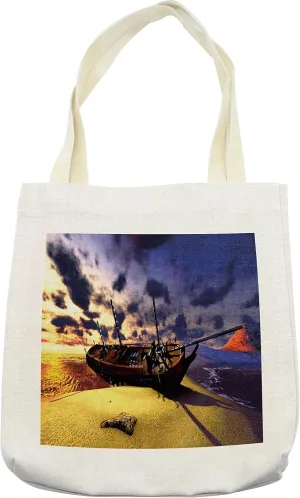 Lunarable Seascape Tote Bag, Old Vintage Boat on Seashore Abandoned Broken Shipwreck Clouds Ocean Scene, Cloth Linen Reusable Bag for Shopping Books Beach and More, 16.5" X 14", Cream