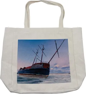 Lunarable Shipwreck Shopping Bag, Bent Ship Wreck with a Mast in Ice Snow Frozen Lake in Cold Winter Season Picture, Eco-Friendly Reusable Bag for Groceries Beach and More, 15.5" X 14.5", Cream
