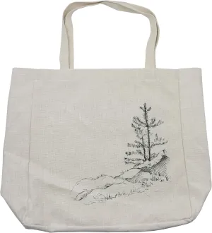 Lunarable Sketchy Shopping Bag, Young Thin Pine Trees on Rocks Ecology Forest Park Habitat Landscape Sketch Print, Eco-Friendly Reusable Bag for Groceries Beach and More, 15.5" X 14.5", Cream