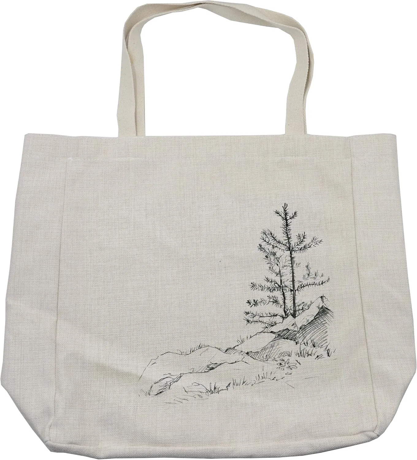 Lunarable Sketchy Shopping Bag, Young Thin Pine Trees on Rocks Ecology Forest Park Habitat Landscape Sketch Print, Eco-Friendly Reusable Bag for Groceries Beach and More, 15.5" X 14.5", Cream