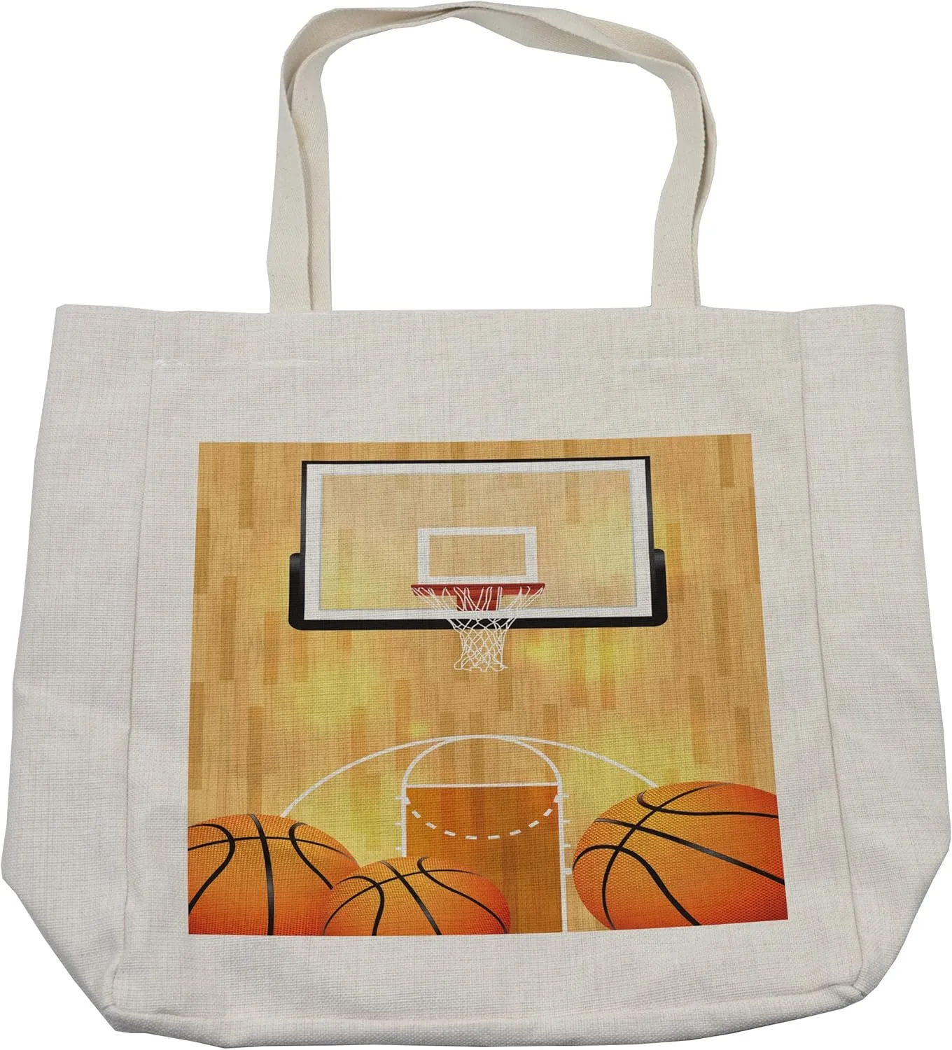 Lunarable Sports Shopping Bag, Vivid Basketball Court Balls and Hoop Madness Rim Court Parquet Hardwood, Eco-Friendly Reusable Bag for Groceries Beach and More, 15.5" X 14.5", Cream