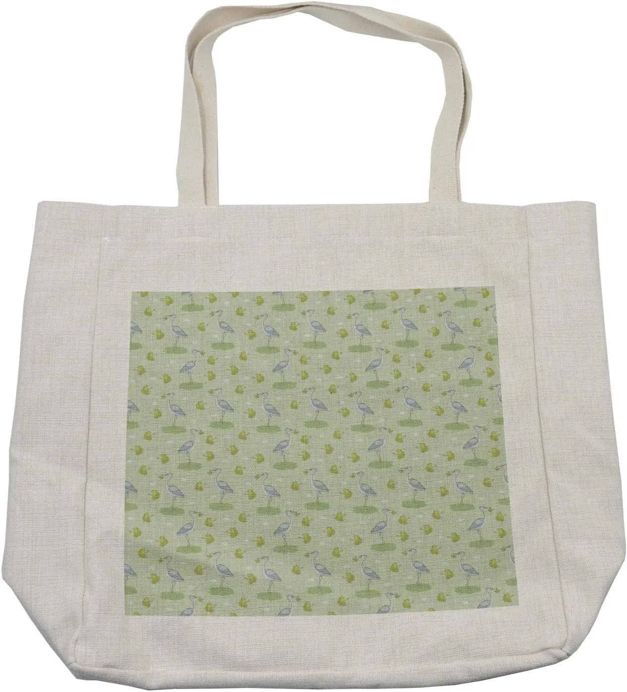 Lunarable Swamp Shopping Bag, Heron with Green Frog in Beak Lake with Lotus Flowers Childish Nature, Eco-Friendly Reusable Bag for Groceries Beach and More, 15.5" X 14.5", Cream