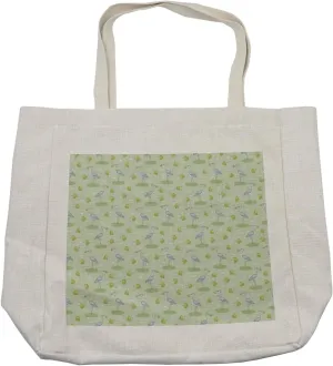 Lunarable Swamp Shopping Bag, Heron with Green Frog in Beak Lake with Lotus Flowers Childish Nature, Eco-Friendly Reusable Bag for Groceries Beach and More, 15.5" X 14.5", Cream