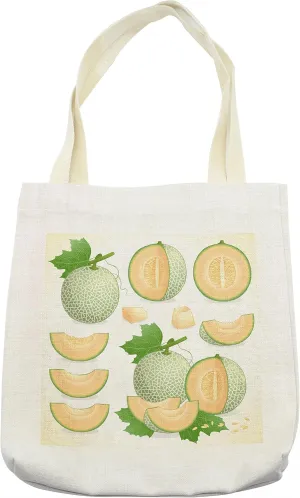 Lunarable Sweets Tote Bag, Various Melon Fruit with Leaf Yummy Ripe Food Fresh Diet Illustration, Cloth Linen Reusable Bag for Shopping Books Beach and More, 16.5" X 14", Cream