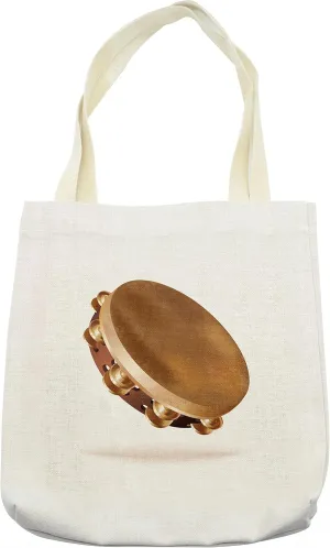 Lunarable Tambourine Tote Bag, Traditional Hand Percussion Instrument with Pair of Jingles Folk Rhythm, Cloth Linen Reusable Bag for Shopping Books Beach and More, 16.5" X 14", Cream