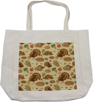 Lunarable Thanksgiving Shopping Bag, Special Day Family Dinner Classical Delicious Meal Abundance Harvest, Eco-Friendly Reusable Bag for Groceries Beach and More, 15.5" X 14.5", Cream