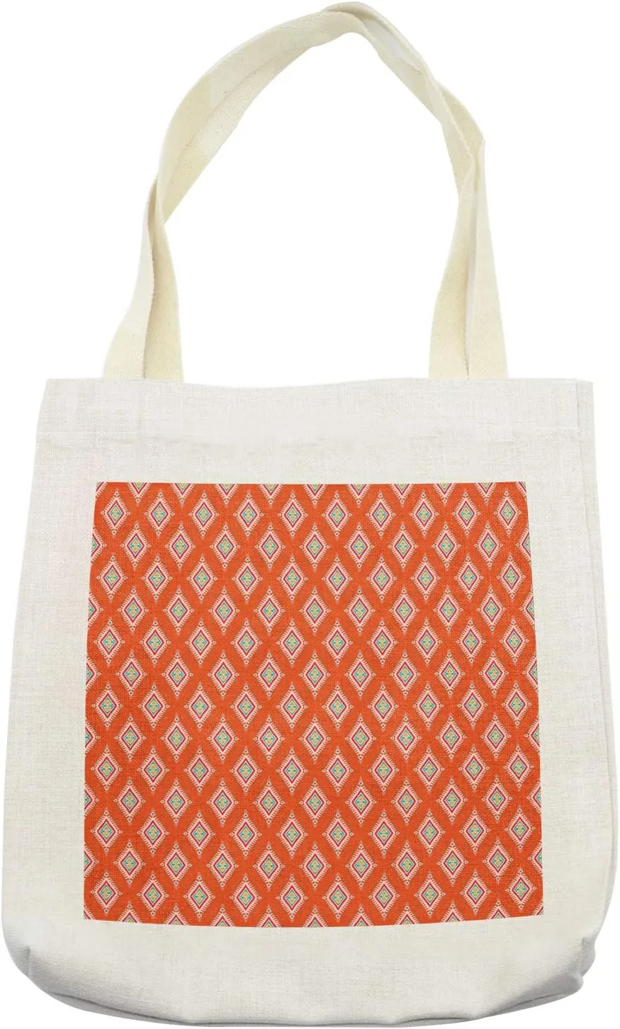Lunarable Tribal Tote Bag, Abstract Rectangles Ornamental Motifs Ancestral, Cloth Linen Reusable Bag for Shopping Books Beach and More, 16.5" X 14", Cream