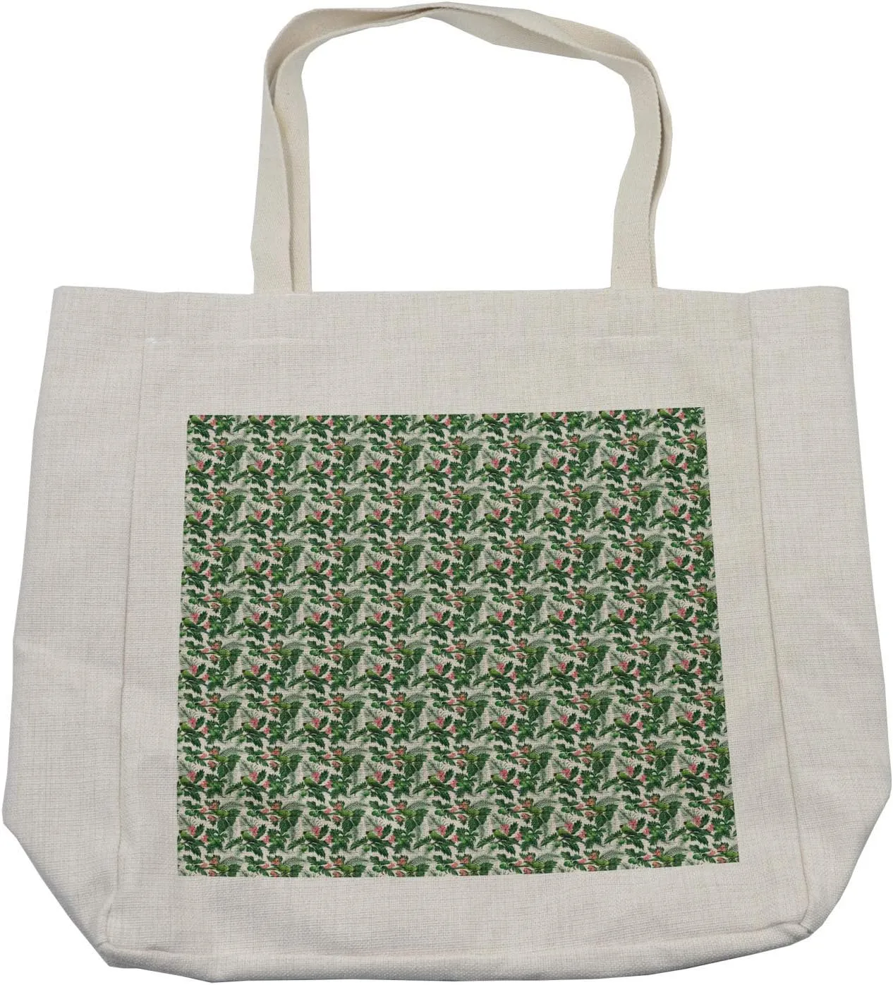 Lunarable Tropical Animals Shopping Bag, Breadfruit Palm Leaves and Plumeria Flowers with Birds Repetitive Pattern, Eco-Friendly Reusable Bag for Groceries Beach and More, 15.5" X 14.5", Cream