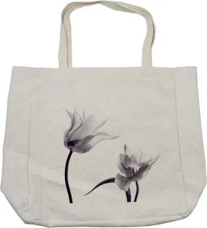Lunarable Tulip Shopping Bag, Close up Digital Saturated Petals with Minimalist Faded Effect Print, Eco-Friendly Reusable Bag for Groceries Beach and More, 15.5" X 14.5", White Black and Eggplant