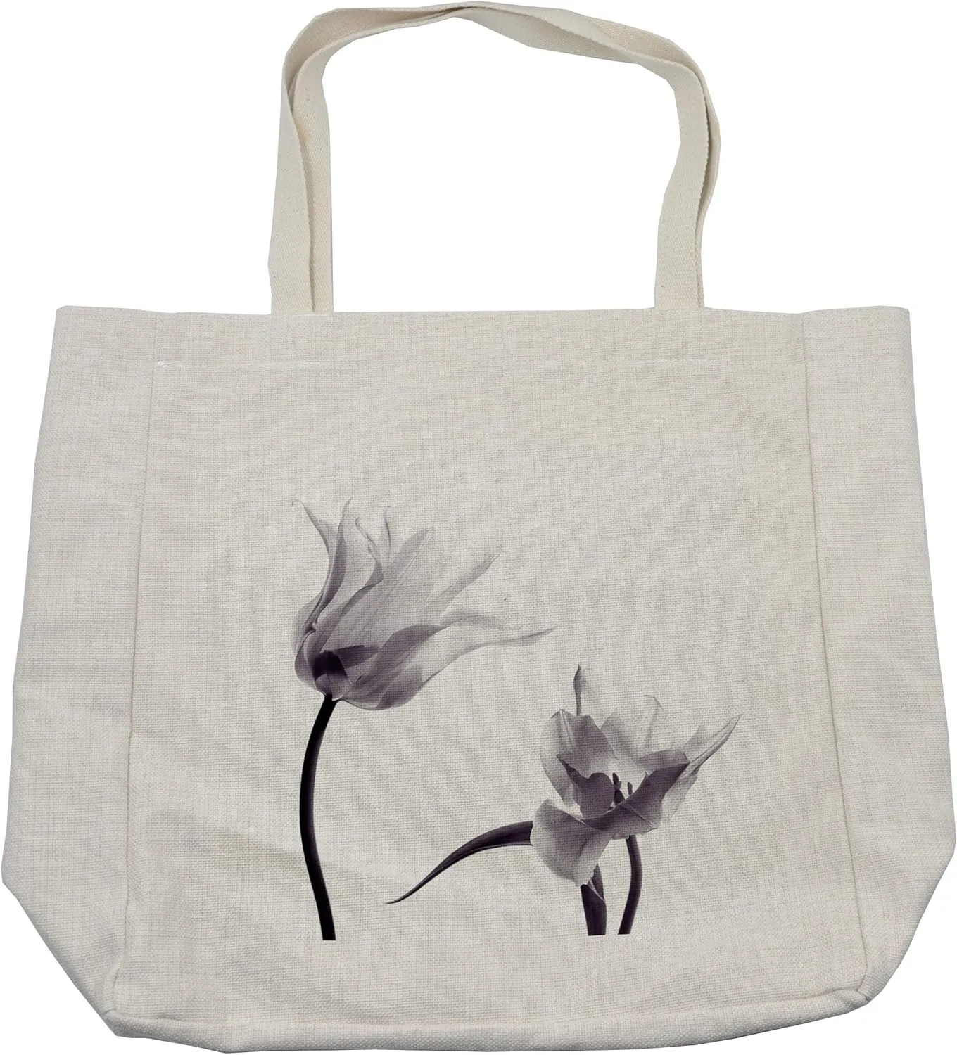 Lunarable Tulip Shopping Bag, Close up Digital Saturated Petals with Minimalist Faded Effect Print, Eco-Friendly Reusable Bag for Groceries Beach and More, 15.5" X 14.5", White Black and Eggplant
