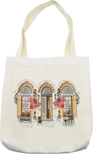 Lunarable Urban Tote Bag, European Coffee Shop at Paris Streets with Flowerbeds and Parisian Romantic Print, Cloth Linen Reusable Bag for Shopping Books Beach and More, 16.5" X 14", Multicolor