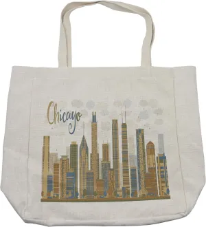 Lunarable USA Shopping Bag, Abstract Chicago City Financial District Famous Monument Tower Scraper View Print, Eco-Friendly Reusable Bag for Groceries Beach and More, 15.5" X 14.5", Cream