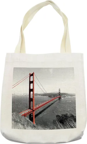 Lunarable USA Tote Bag, Golden Gate Bridge Civil Engineering History Monochromatic Travel Destinations View Print, Cloth Linen Reusable Bag for Shopping Books Beach and More, 16.5" X 14", Cream