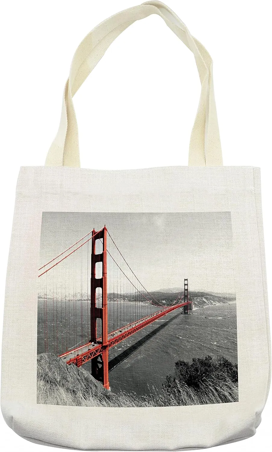 Lunarable USA Tote Bag, Golden Gate Bridge Civil Engineering History Monochromatic Travel Destinations View Print, Cloth Linen Reusable Bag for Shopping Books Beach and More, 16.5" X 14", Cream
