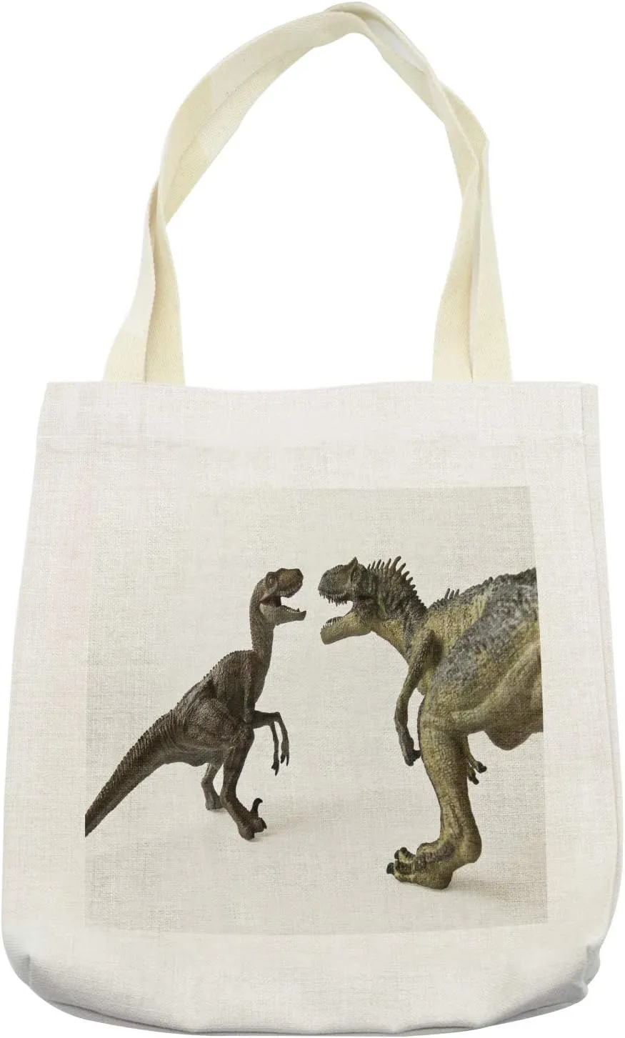Lunarable Velociraptor Tote Bag, Close up Photo of Digital Drawn Jurassic Dinosaurs Allosaurus, Cloth Linen Reusable Bag for Shopping Books Beach and More, 16.5" X 14", Slate Brown and Dark Taupe