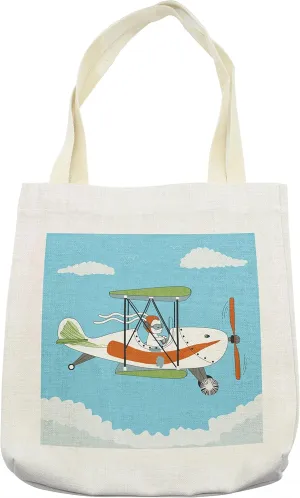 Lunarable Vintage Airplane Tote Bag, Rabbit Pilot in a Biplane Funny Animal Operating an Aeroplane Retro Design, Cloth Linen Reusable Bag for Shopping Books Beach and More, 16.5" X 14", Blue Brown