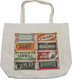 Lunarable Vintage Shopping Bag, Dated Antique Old Shop Store Design Manufacturing Commercials Textured Design, Eco-Friendly Reusable Bag for Groceries Beach and More, 15.5" X 14.5", Cream