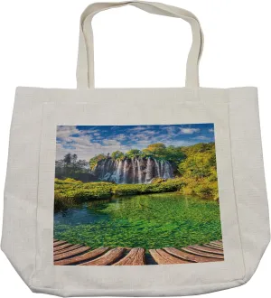 Lunarable Waterfall Shopping Bag, Cascade and Blue Sky Colorful Picture Plitvice Lakes National Park, Eco-Friendly Reusable Bag for Groceries Beach and More, 15.5" X 14.5", Cream