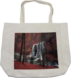 Lunarable Waterfall Shopping Bag, Cascade Misty Fall Day Shedding Leaf at Mountains Rocky Creek Habitat Theme, Eco-Friendly Reusable Bag for Groceries Beach and More, 15.5" X 14.5", Cream