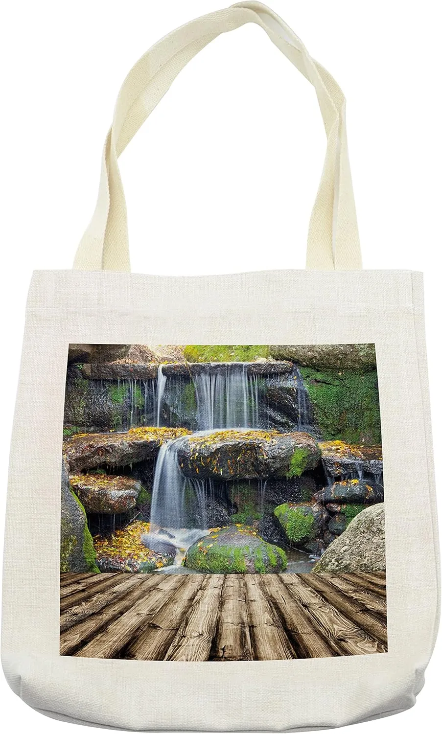 Lunarable Waterfall Tote Bag, Box Like Waterfall Aside of a Wood Pier with Fall Leaves on Its Rocks Art, Cloth Linen Reusable Bag for Shopping Books Beach and More, 16.5" X 14", Cream