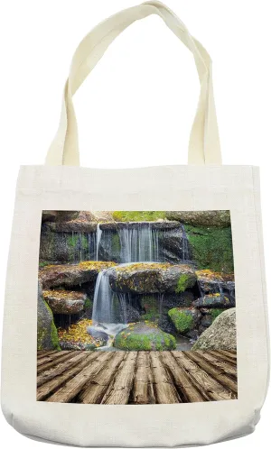 Lunarable Waterfall Tote Bag, Box Like Waterfall Aside of a Wood Pier with Fall Leaves on Its Rocks Art, Cloth Linen Reusable Bag for Shopping Books Beach and More, 16.5" X 14", Cream