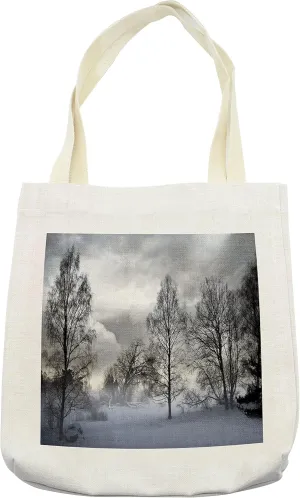 Lunarable Winter Tote Bag, Snowy Forest with Frozen Trees Under Stormy Moody Sky Overcast Windy Landscape, Cloth Linen Reusable Bag for Shopping Books Beach and More, 16.5" X 14", Cream
