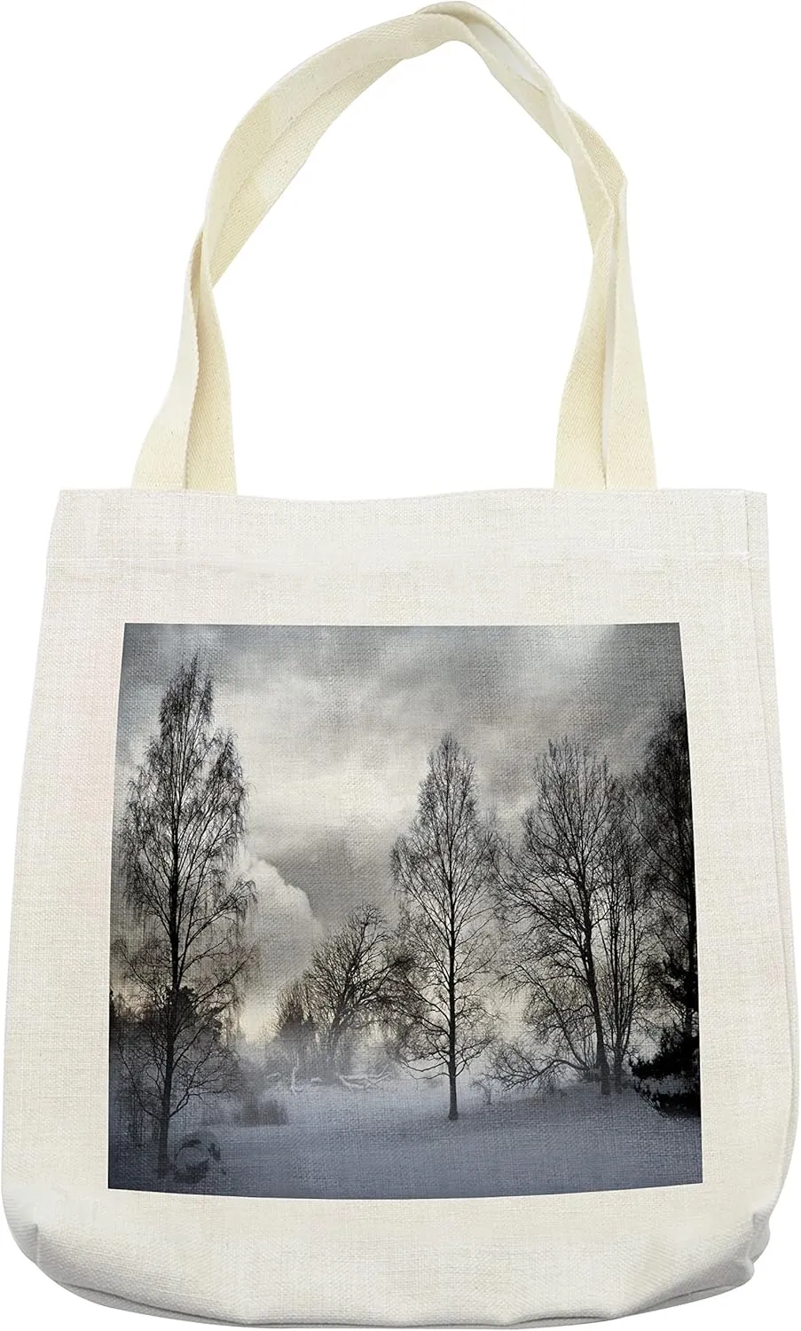 Lunarable Winter Tote Bag, Snowy Forest with Frozen Trees Under Stormy Moody Sky Overcast Windy Landscape, Cloth Linen Reusable Bag for Shopping Books Beach and More, 16.5" X 14", Cream