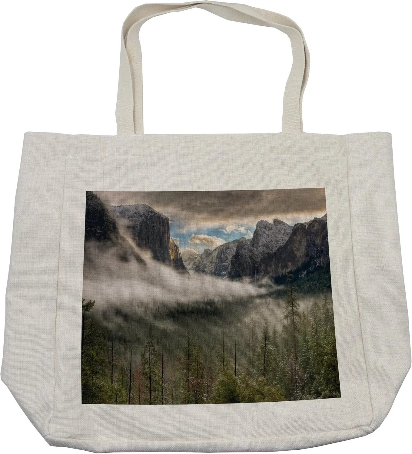 Lunarable Yosemite Shopping Bag, Sun Peaks over the Sierras for Its First Glimpse of Yosemite Valley in a Misty Morning, Eco-Friendly Reusable Bag for Groceries Beach and More, 15.5" X 14.5", Cream