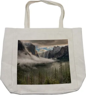 Lunarable Yosemite Shopping Bag, Sun Peaks over the Sierras for Its First Glimpse of Yosemite Valley in a Misty Morning, Eco-Friendly Reusable Bag for Groceries Beach and More, 15.5" X 14.5", Cream