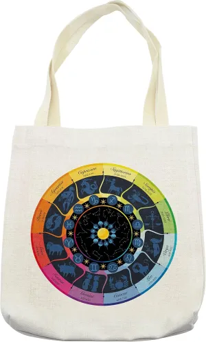 Lunarable Zodiac Tote Bag, Rainbow Wheel of Signs Esoteric Babylonian Astrology Ascendant Ecliptic Theme Art, Cloth Linen Reusable Bag for Shopping Books Beach and More, 16.5" X 14", Cream
