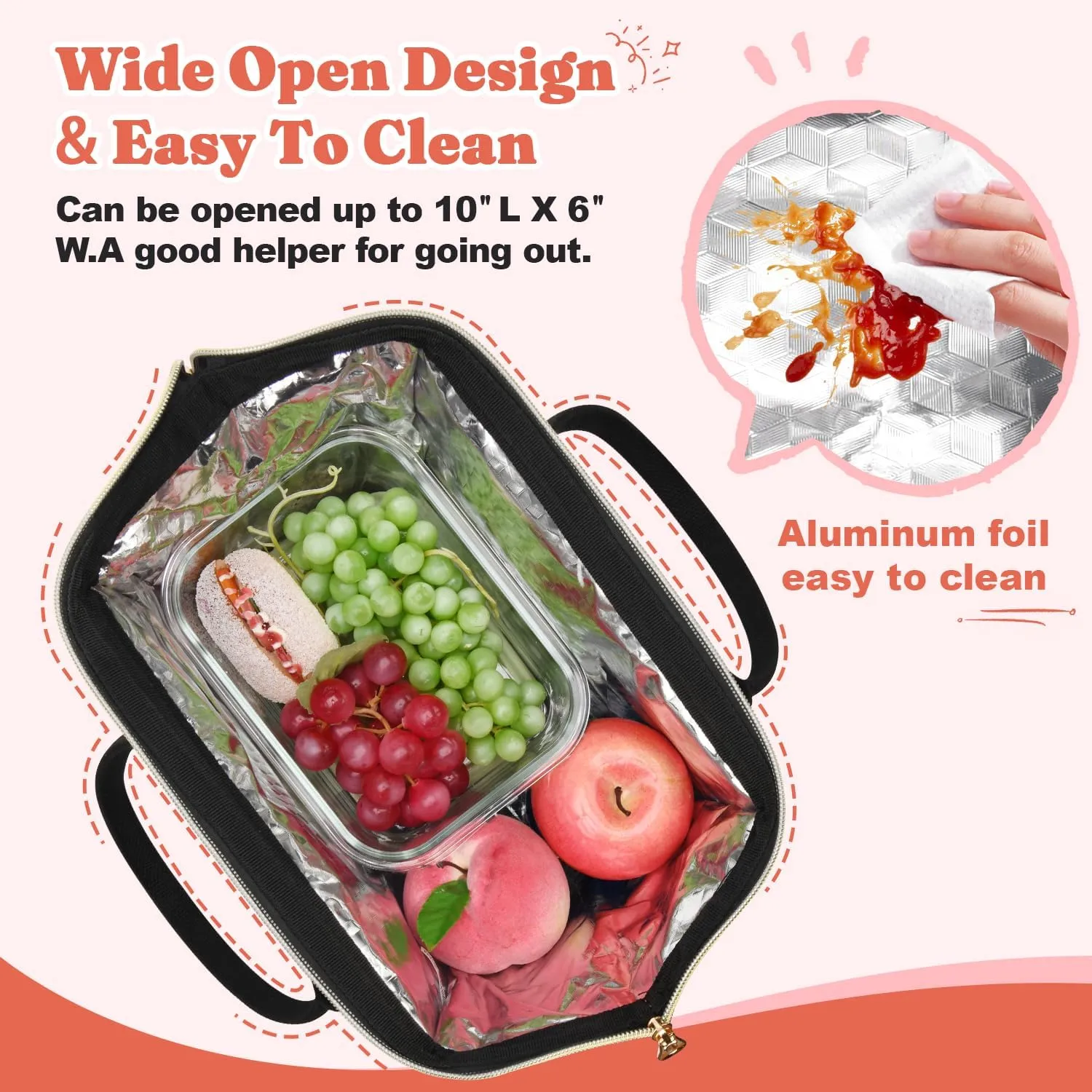 Lunch Bag Women Insulated Lunch Box Wide-Open Lunch Tote Bag Large Drinks Holder Durable Nylon Thermal Snacks Organizer for Men Adults Work Picnic Hiking Beach Fishing, Pink   Black