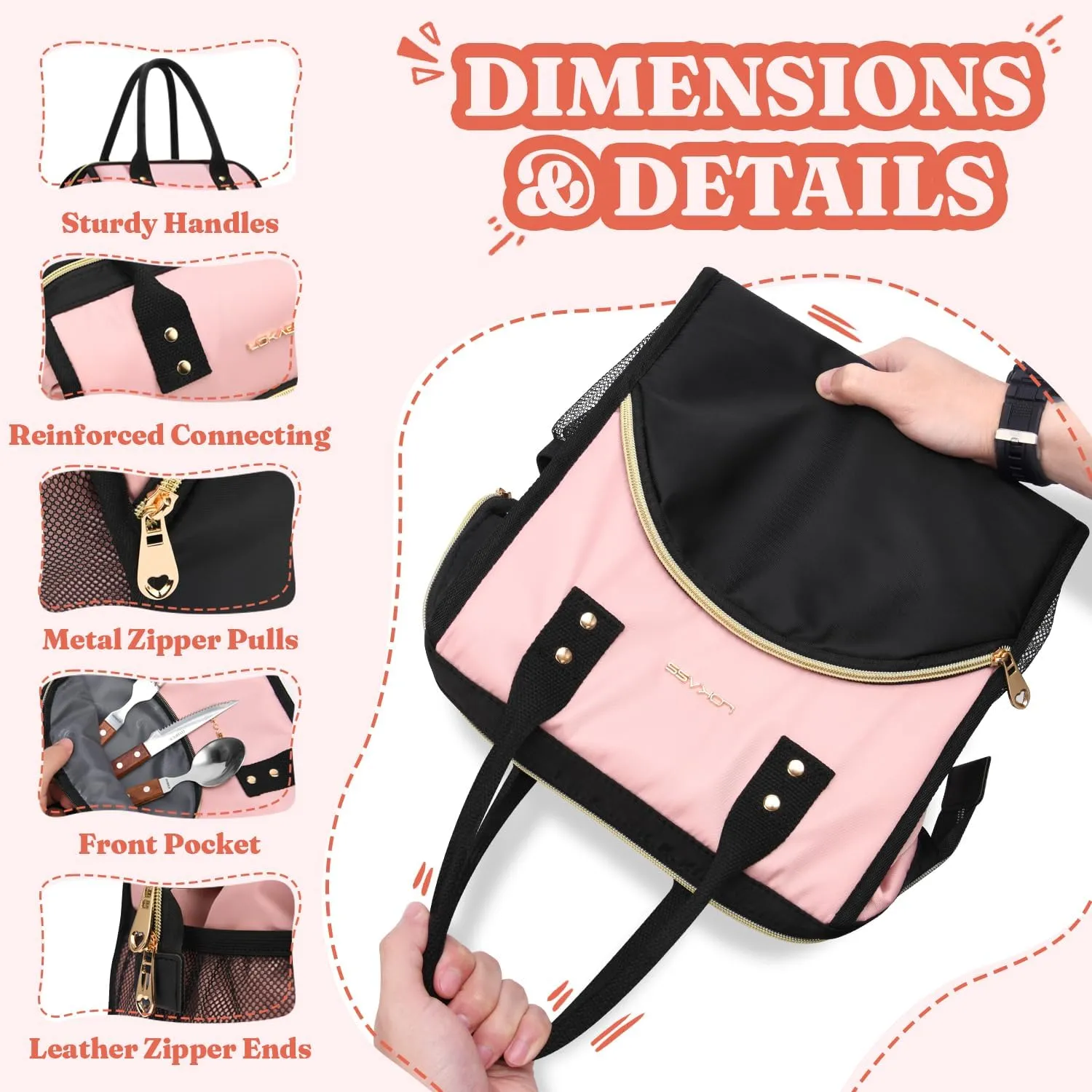 Lunch Bag Women Insulated Lunch Box Wide-Open Lunch Tote Bag Large Drinks Holder Durable Nylon Thermal Snacks Organizer for Men Adults Work Picnic Hiking Beach Fishing, Pink   Black
