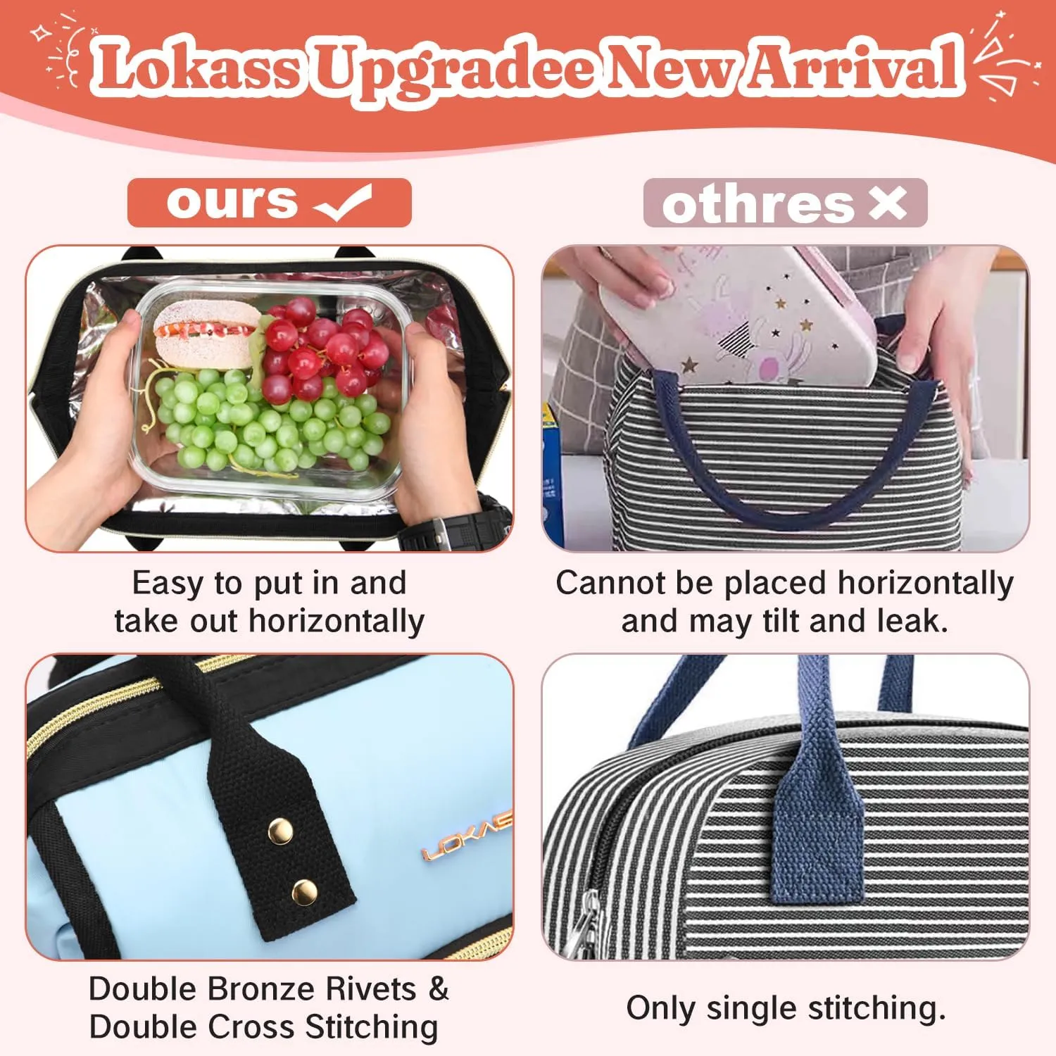Lunch Bag Women Insulated Lunch Box Wide-Open Lunch Tote Bag Large Drinks Holder Durable Nylon Thermal Snacks Organizer for Men Adults Work Picnic Hiking Beach Fishing, Pink   Black