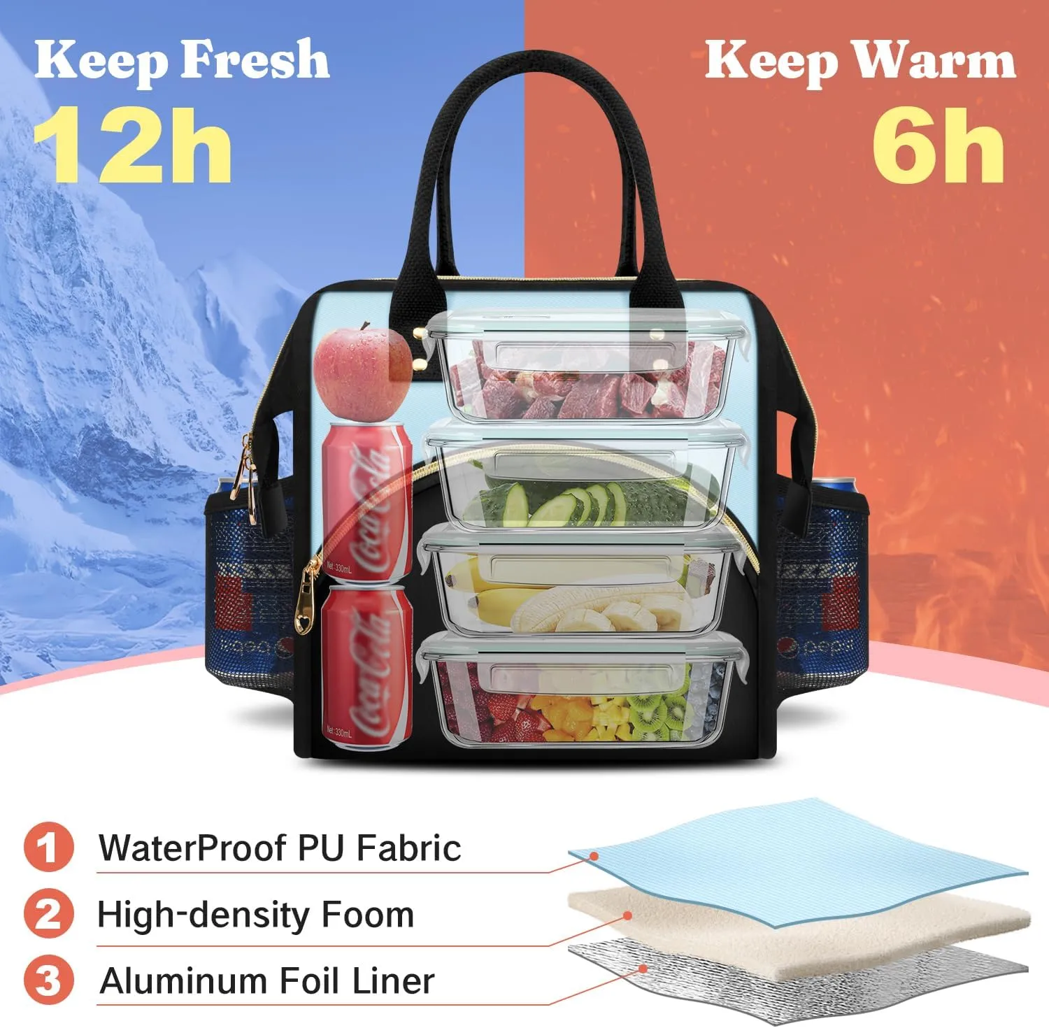 Lunch Bag Women Insulated Lunch Box Wide-Open Lunch Tote Bag Large Drinks Holder Durable Nylon Thermal Snacks Organizer for Men Adults Work Picnic Hiking Beach Fishing, Pink   Black